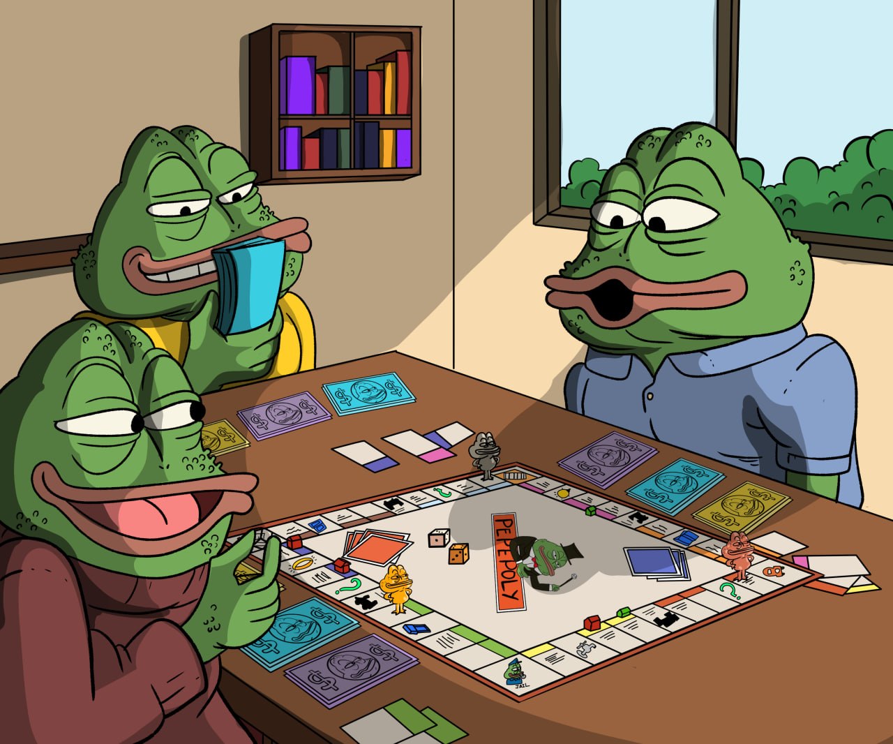Frog characters playing a board game
