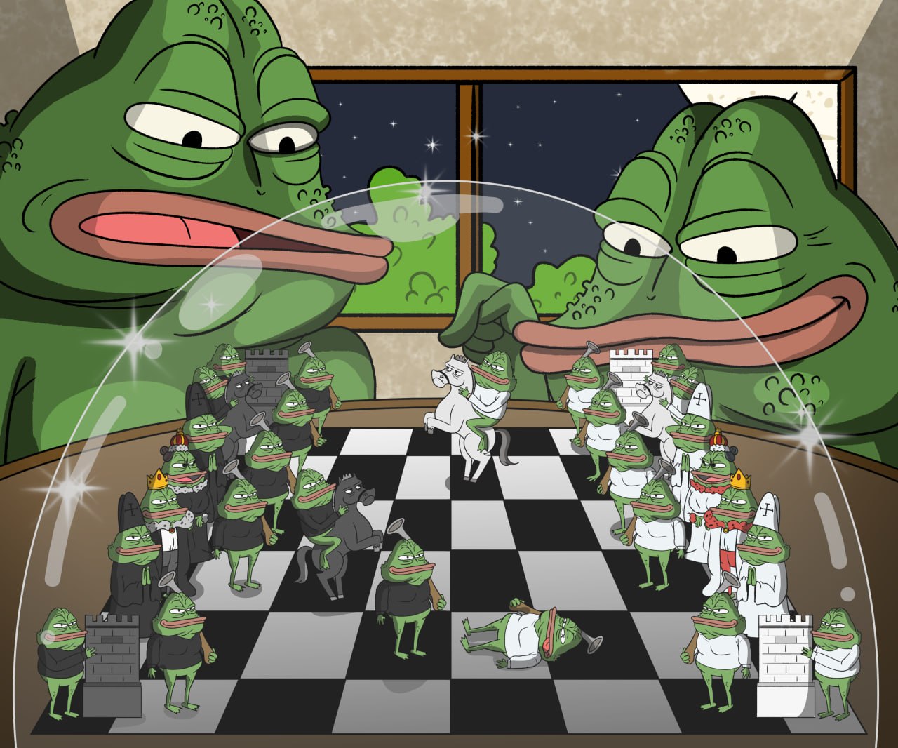 Frog characters around a chess board
