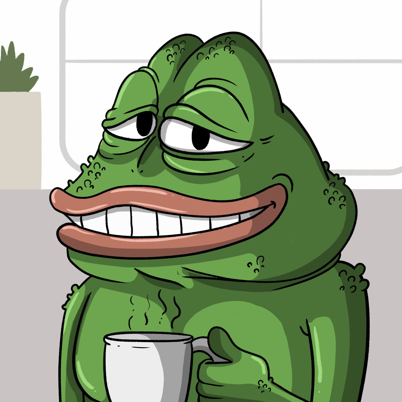 Smiling frog with coffee