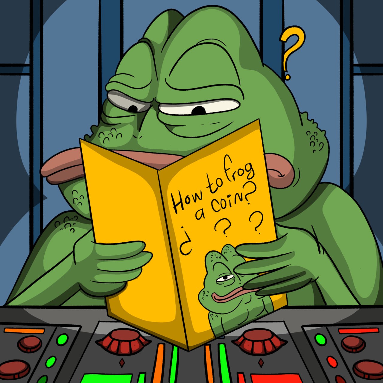 Frog reading a coin manual